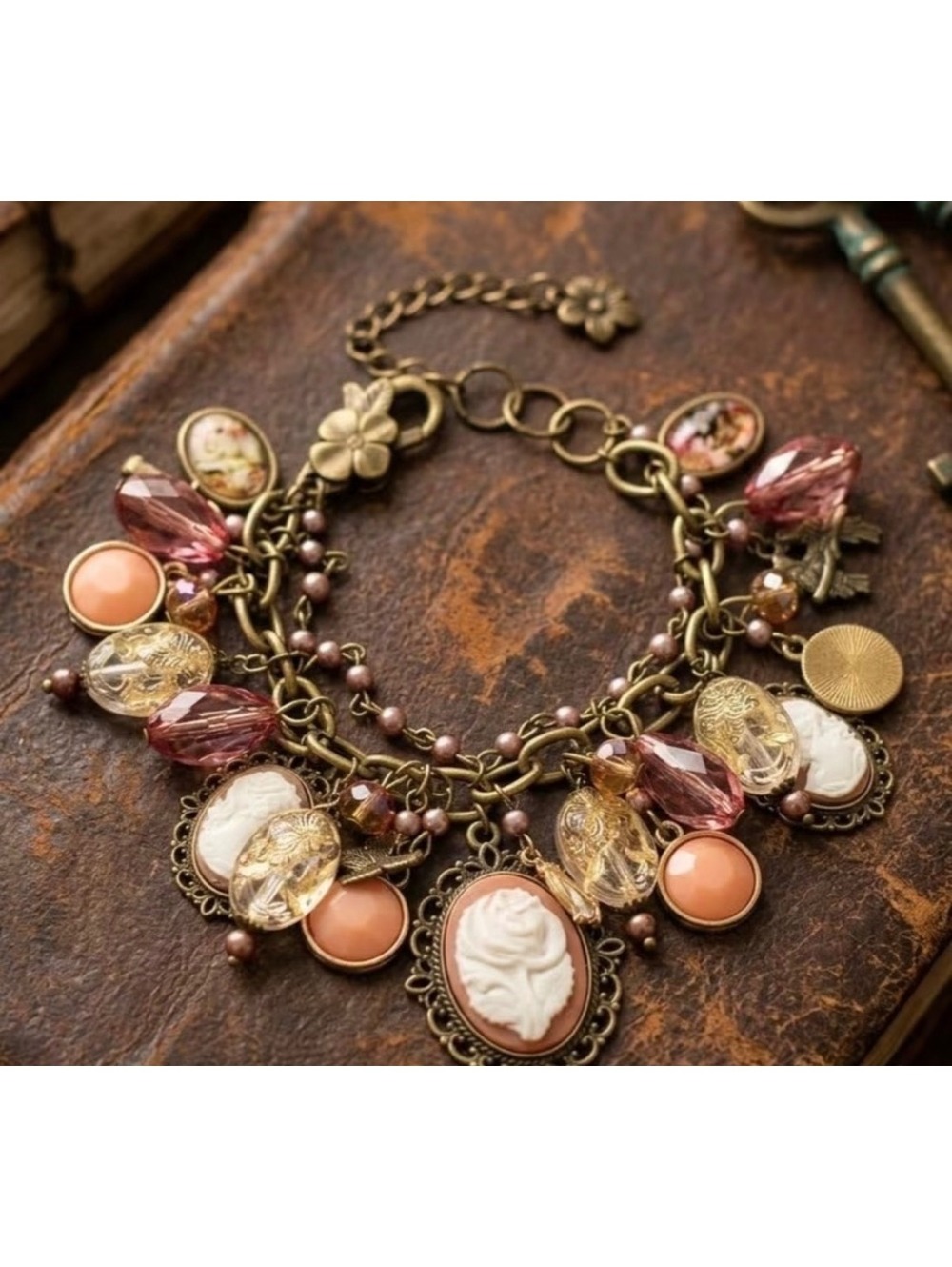Vintage Style Cameo Charm Bracelet with Multicolor Beads and Floral Accents